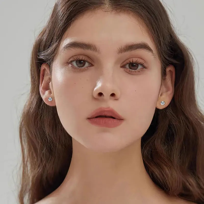 Bezel Moissanite Necklace, Bracelet & Stud Earring Set - Stud earrings on model