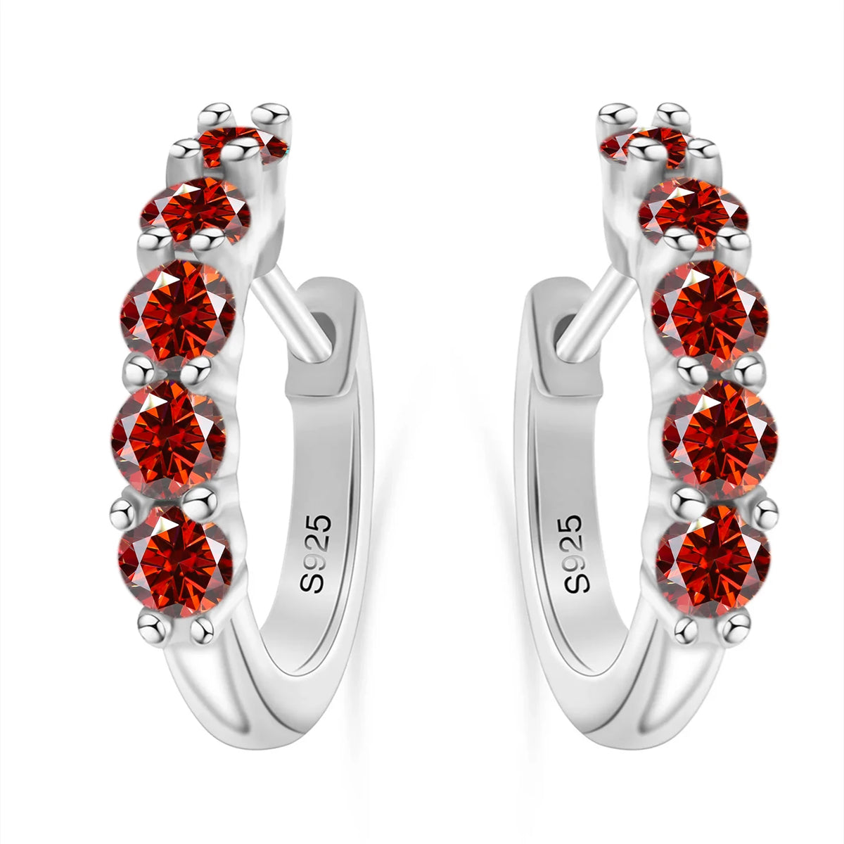 Colorful Five-Stone Moissanite Hoop Earrings in Sterling Silver — Red