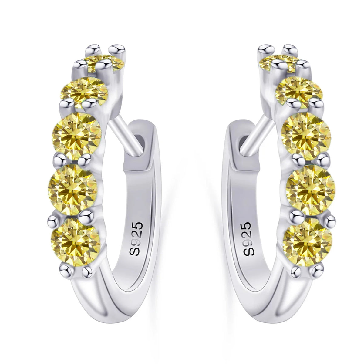 Colorful Five-Stone Moissanite Hoop Earrings in Sterling Silver — Lemon Yellow