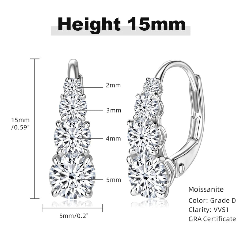 Graduated Four-Stone Moissanite Leverback Earrings — Silver 15mm dimensions