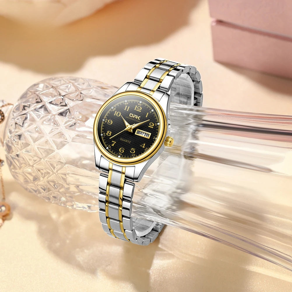 Women's Arabic Dial Steel Day-Date Watch — Two-tone black dial watch — BandsCo Straps