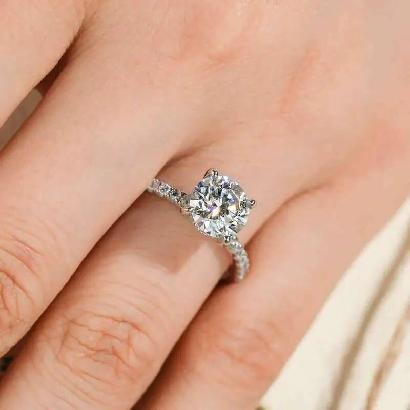 Moissanite Halo Necklace & Earrings with Solitaire Ring Set - Solitaire-style ring on hand
