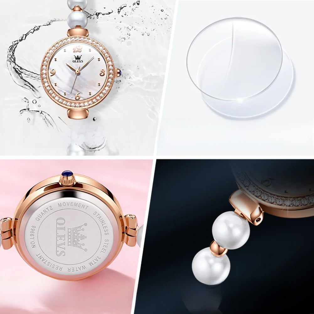 Women's Faux Pearl Bracelet Quartz Watch — Case back, bead and dial details — BandsCo Straps