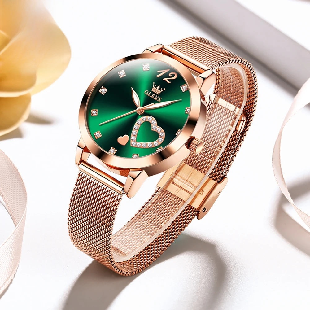 Women's Crystal Heart Mesh Quartz Watch — Green — BandsCo Straps