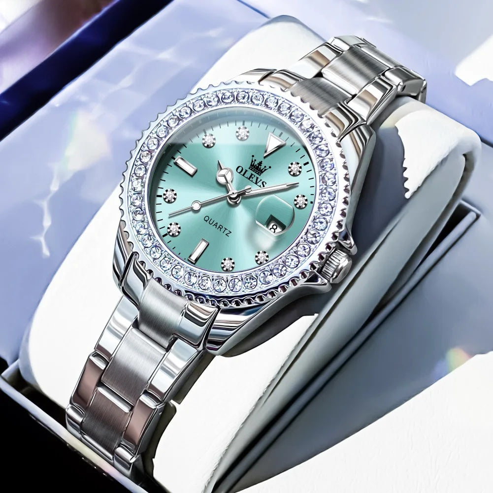 Women's Sunray Dial Crystal-Bezel Quartz Watch — Aqua