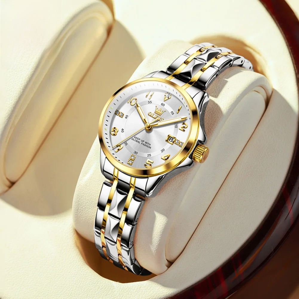 Women's 30mm Sculpted Bracelet Quartz Date Watch — Silver & Gold Tone / White Dial
