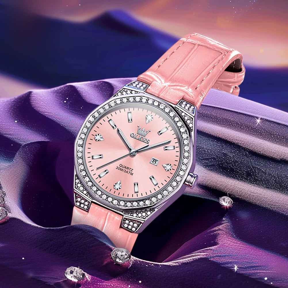 Women's Crystal Bezel Leather Quartz Watch — Pink leather watch with pink dial — BandsCo Straps