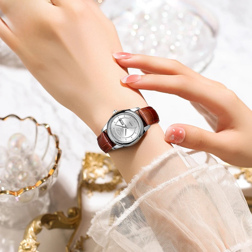 Women's Leather Day-Date Quartz Watch — White dial watch worn on wrist — BandsCo Straps