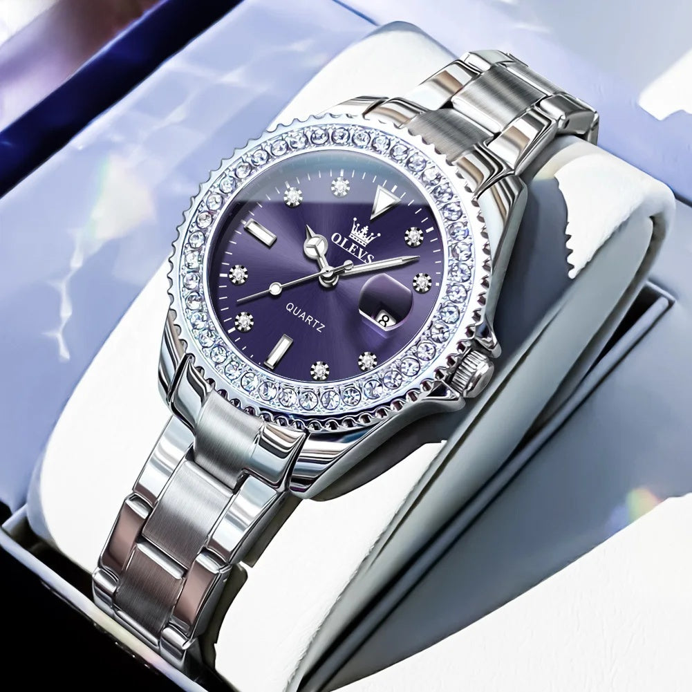 Women's Crystal Bezel Quartz Date Watch — Silver Bracelet / Purple Dial — BandsCo Straps