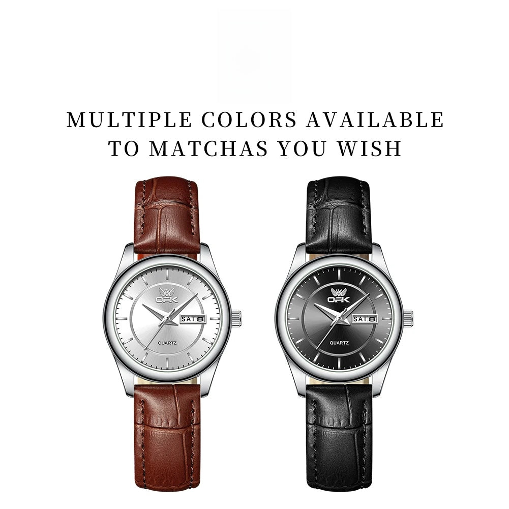 Women's Leather Day-Date Quartz Watch — Brown and black watch comparison — BandsCo Straps