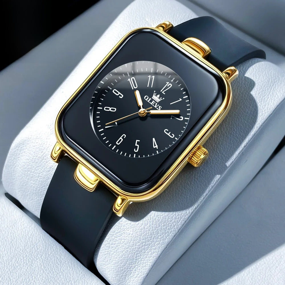 Women's Rectangular Silicone Quartz Watch — Black / Gold Tone — BandsCo Straps