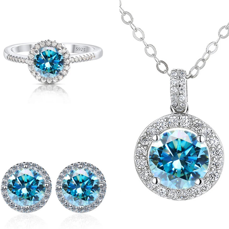 Round Halo Moissanite Necklace, Stud Earrings & Ring Set - Sea blue halo set