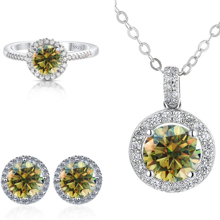 Round Halo Moissanite Necklace, Stud Earrings & Ring Set - Yellow green halo set