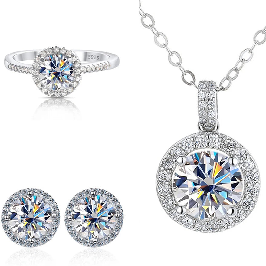 Round Halo Moissanite Necklace, Stud Earrings & Ring Set - White halo set