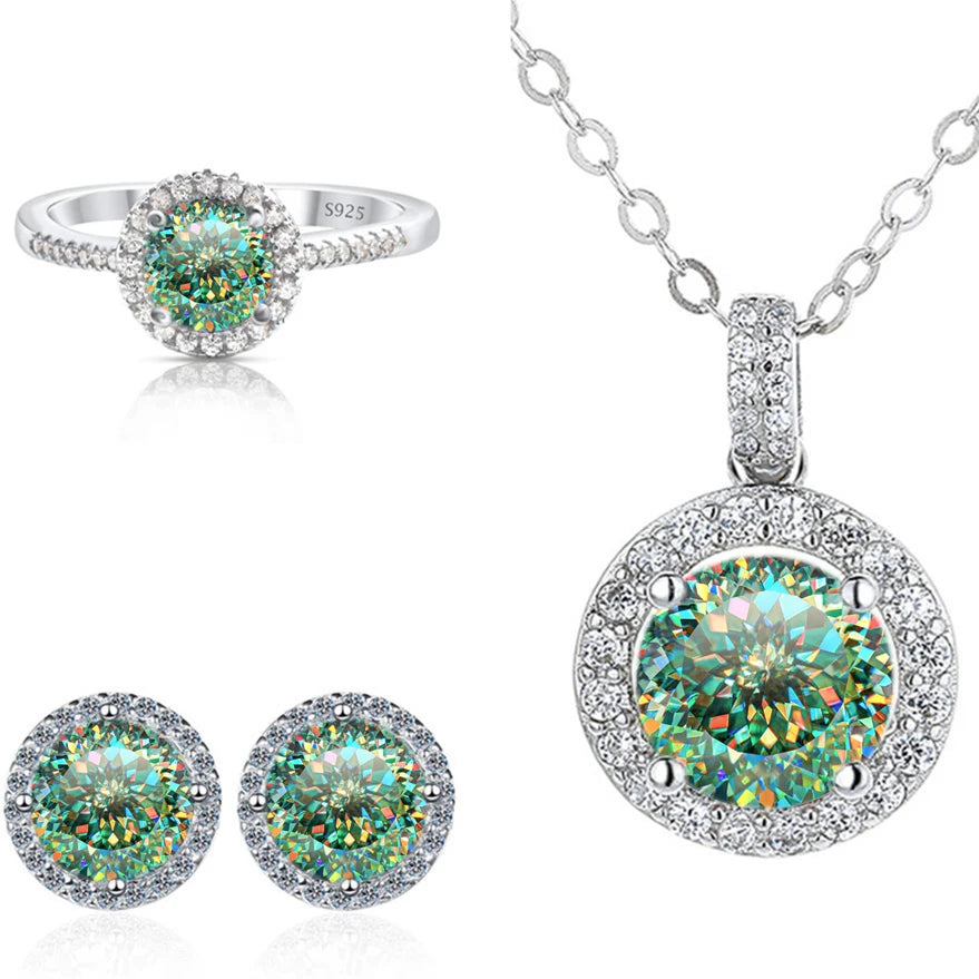 Round Halo Moissanite Necklace, Stud Earrings & Ring Set - Blue green Love Cut set
