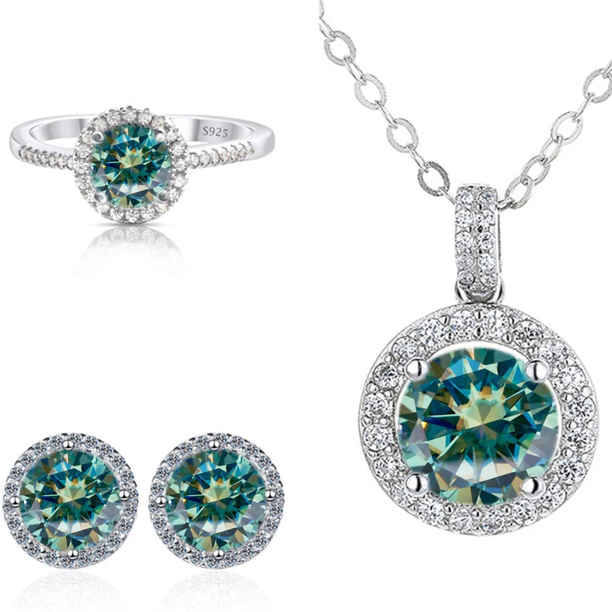 Round Halo Moissanite Necklace, Stud Earrings & Ring Set - Blue green alternate option set