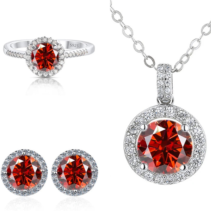 Round Halo Moissanite Necklace, Stud Earrings & Ring Set - Red halo set