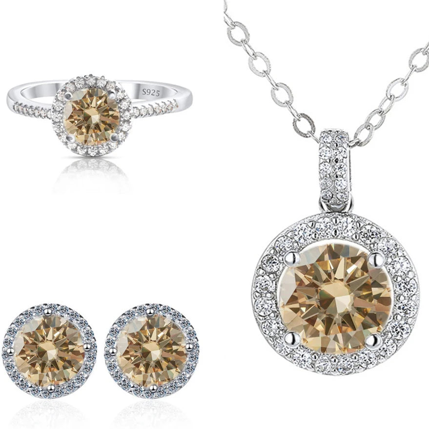 Round Halo Moissanite Necklace, Stud Earrings & Ring Set - Light yellow halo set