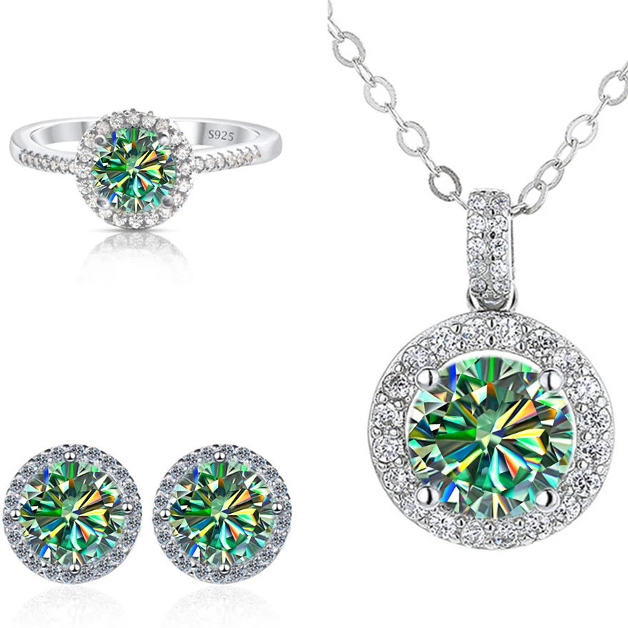 Round Halo Moissanite Necklace, Stud Earrings & Ring Set - Blue green halo set