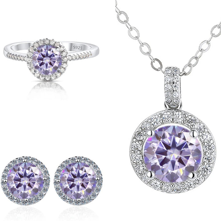 Round Halo Moissanite Necklace, Stud Earrings & Ring Set