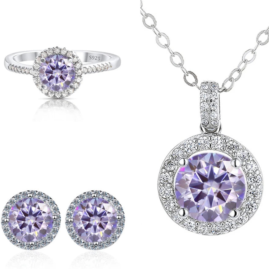 Round Halo Moissanite Necklace, Stud Earrings & Ring Set - Light purple halo set