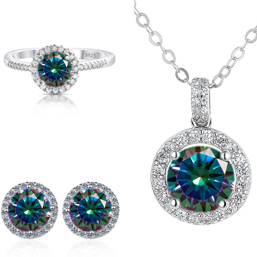 Round Halo Moissanite Necklace, Stud Earrings & Ring Set - Rainbow halo set