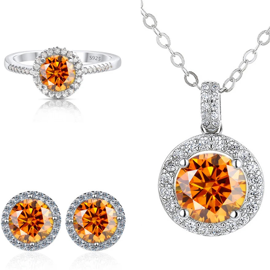 Round Halo Moissanite Necklace, Stud Earrings & Ring Set - Orange halo set