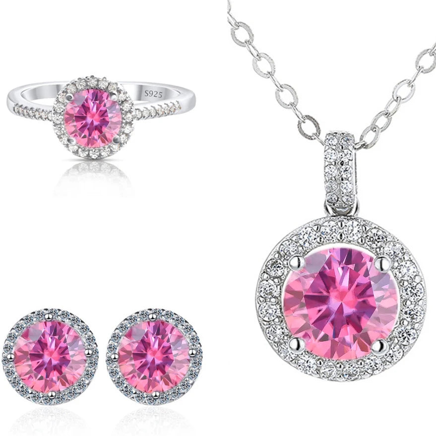Round Halo Moissanite Necklace, Stud Earrings & Ring Set - Pink halo set