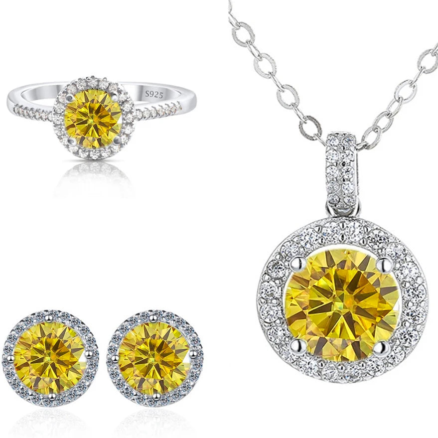 Round Halo Moissanite Necklace, Stud Earrings & Ring Set - Golden yellow halo set