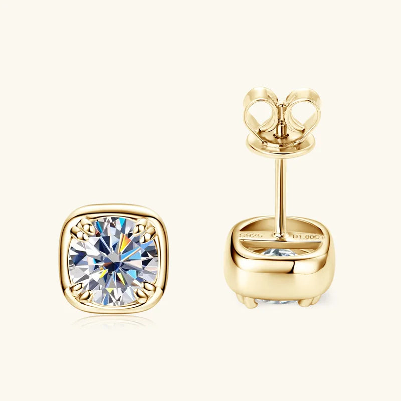 Round Moissanite Square-Setting Stud Earrings — Gold-tone front and back — BandsCo Straps