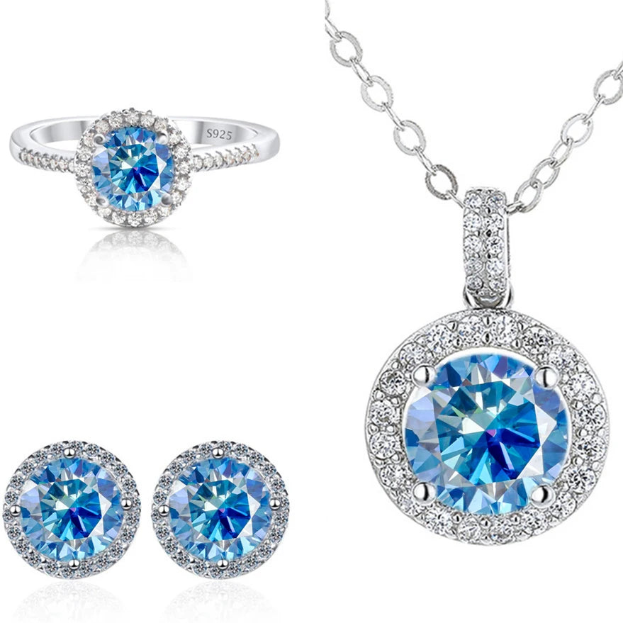 Round Halo Moissanite Necklace, Stud Earrings & Ring Set - Royal blue halo set
