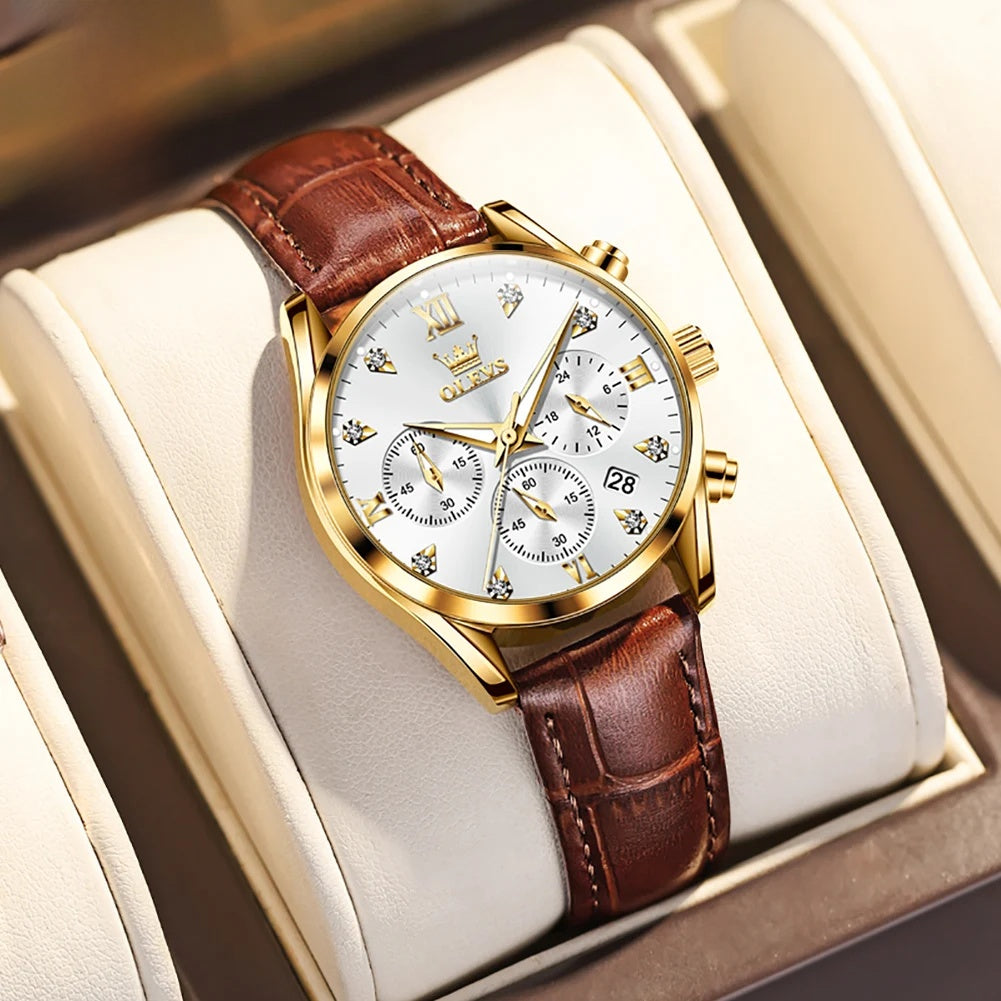 Women's Multifunction Leather Quartz Watch — Gold Tone / White Dial — BandsCo Straps