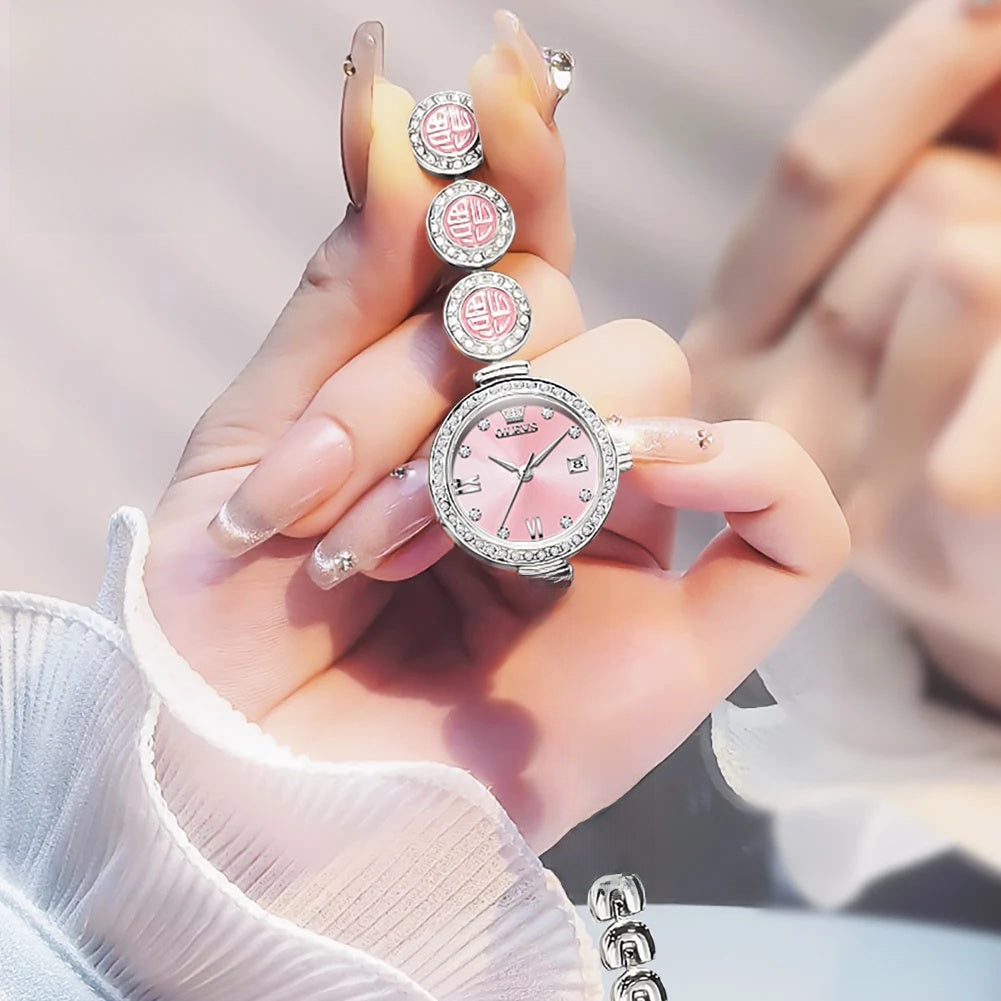 Women's Medallion Bracelet Crystal Quartz Watch — Silver Tone / Pink Dial — BandsCo Straps