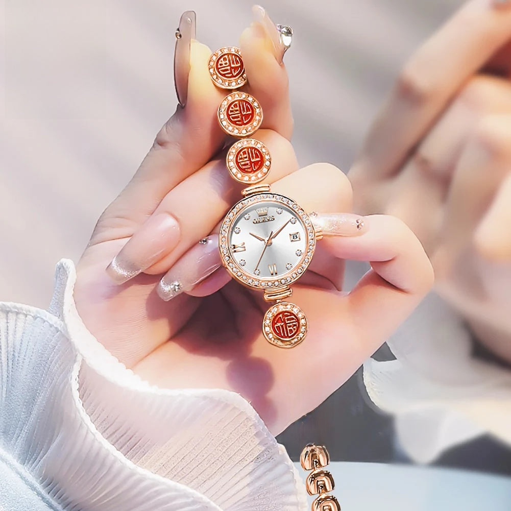 Women's Medallion Bracelet Crystal Quartz Watch — Rose Gold Tone / White Dial — BandsCo Straps