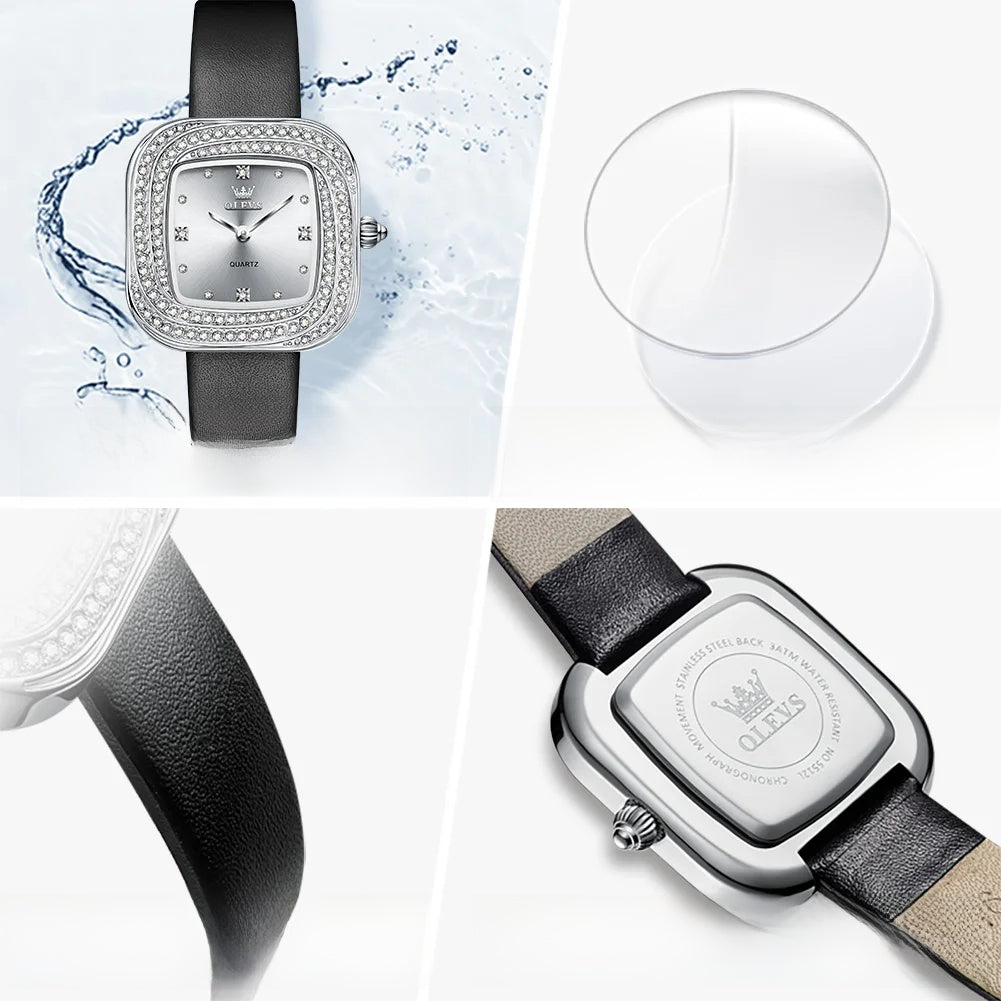 Women's Square Crystal Bezel Leather Watch — Case back, crystal and strap details — BandsCo Straps