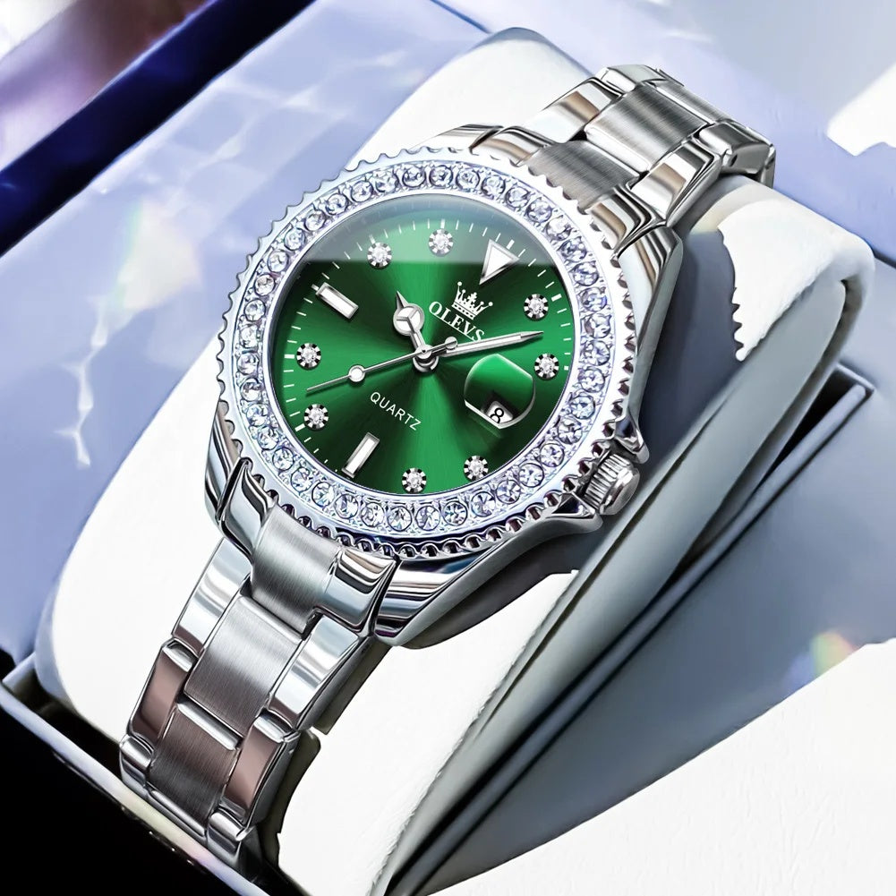 Women's Crystal Bezel Quartz Date Watch — Silver Bracelet / Green Dial — BandsCo Straps