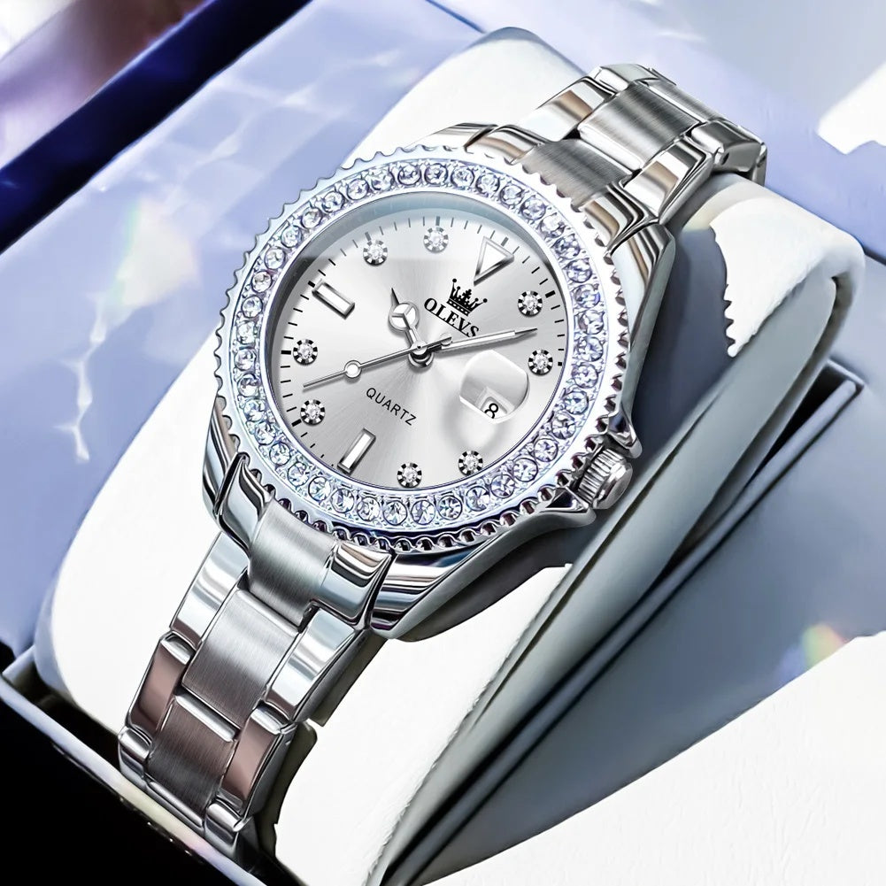 Women's Sunray Dial Crystal-Bezel Quartz Watch — White
