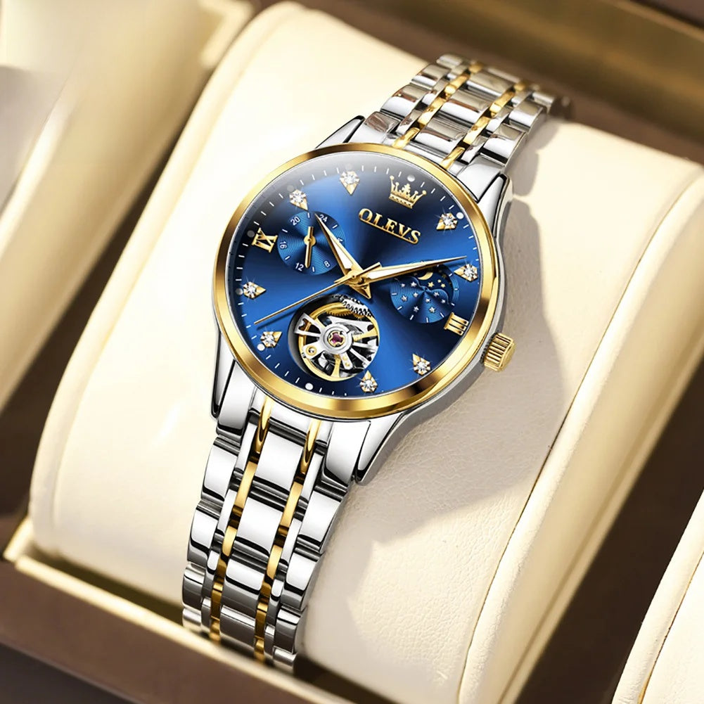 Women's Open-Heart Automatic Bracelet Watch — Two Tone / Blue Dial — BandsCo Straps