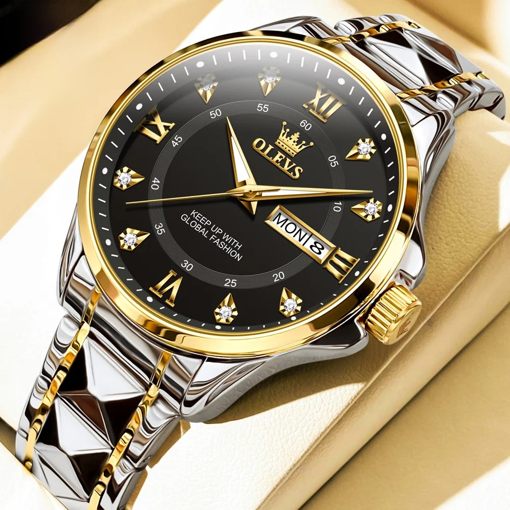 Stainless Steel Day-Date Watch - Women's, Men's & Couples — Men / Two Tone / Black Dial — BandsCo Straps