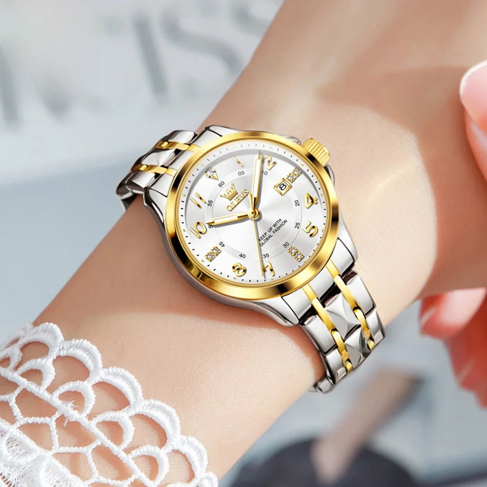 Women's 30mm Sculpted Bracelet Quartz Date Watch — Two-tone white dial watch worn on wrist