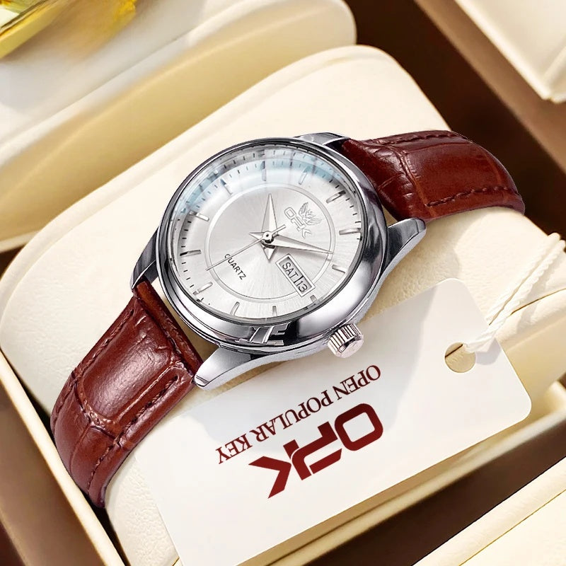 Women's Leather Day-Date Quartz Watch — Brown / White Dial — BandsCo Straps