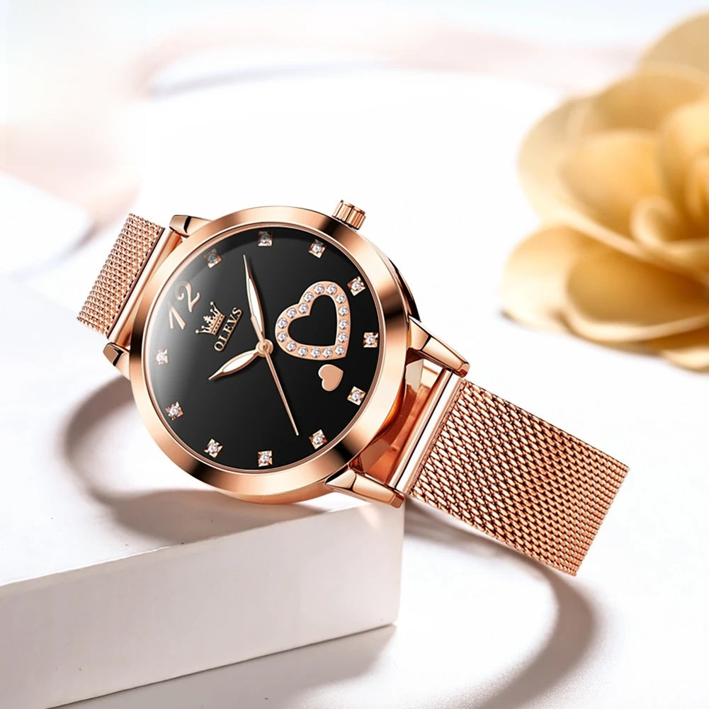 Women's Crystal Heart Mesh Quartz Watch — Black heart dial watch — BandsCo Straps