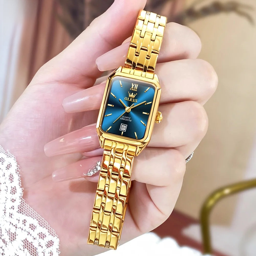 Women's Gold-Tone Rectangular Bracelet Watch — Blue Dial / Link Bracelet — BandsCo Straps