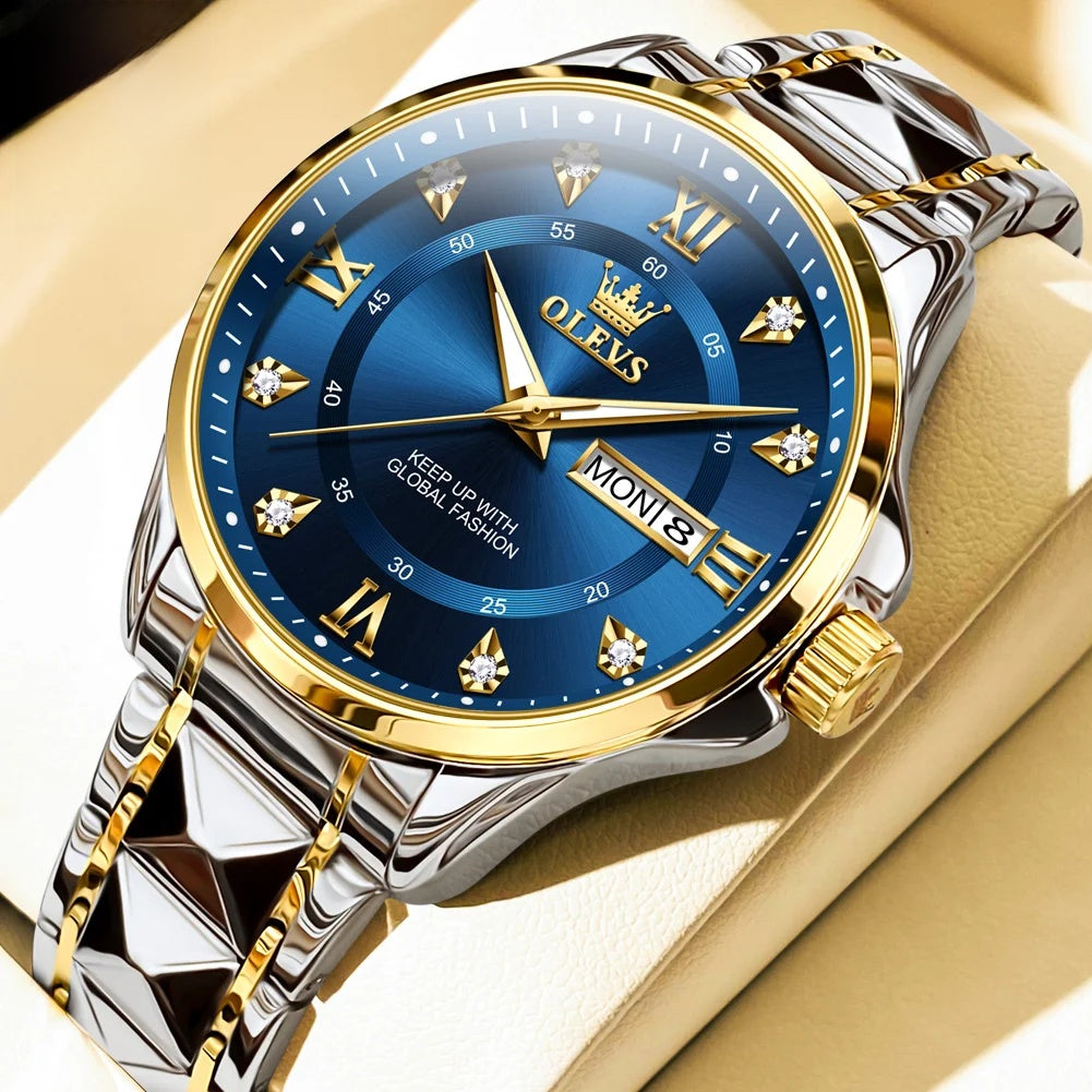 Stainless Steel Day-Date Watch - Women's, Men's & Couples — Men / Two Tone / Blue Dial — BandsCo Straps