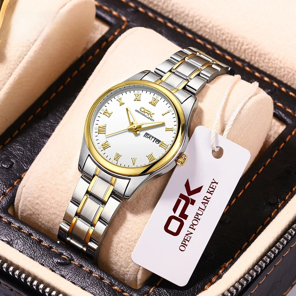 Women's Roman Dial Steel Day-Date Watch — Two Tone / White Dial — BandsCo Straps