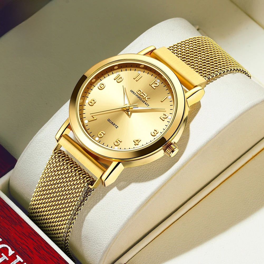 Women's Arabic Numeral Mesh Quartz Watch — Gold Tone / Gold Dial — BandsCo Straps