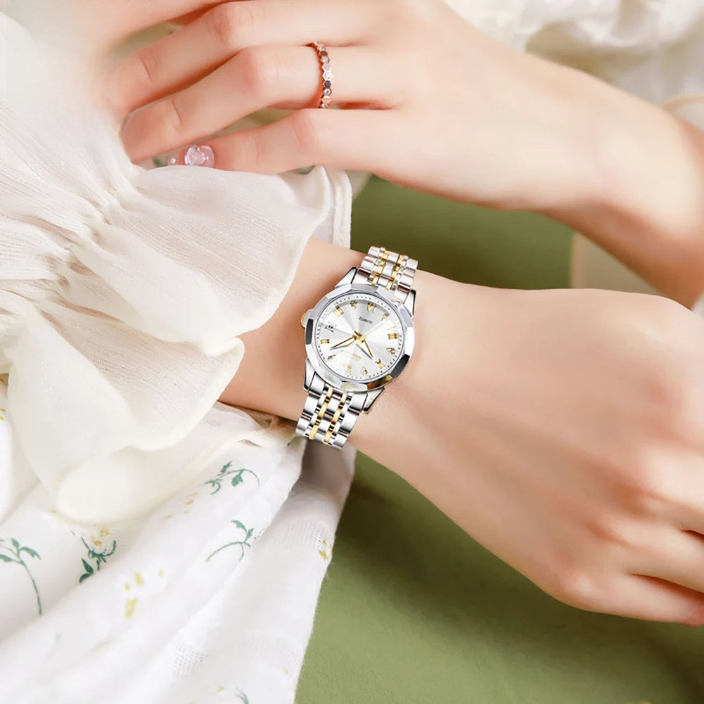 Women's Faceted Bezel Quartz Bracelet Watch — Two-tone watch worn on wrist — BandsCo Straps