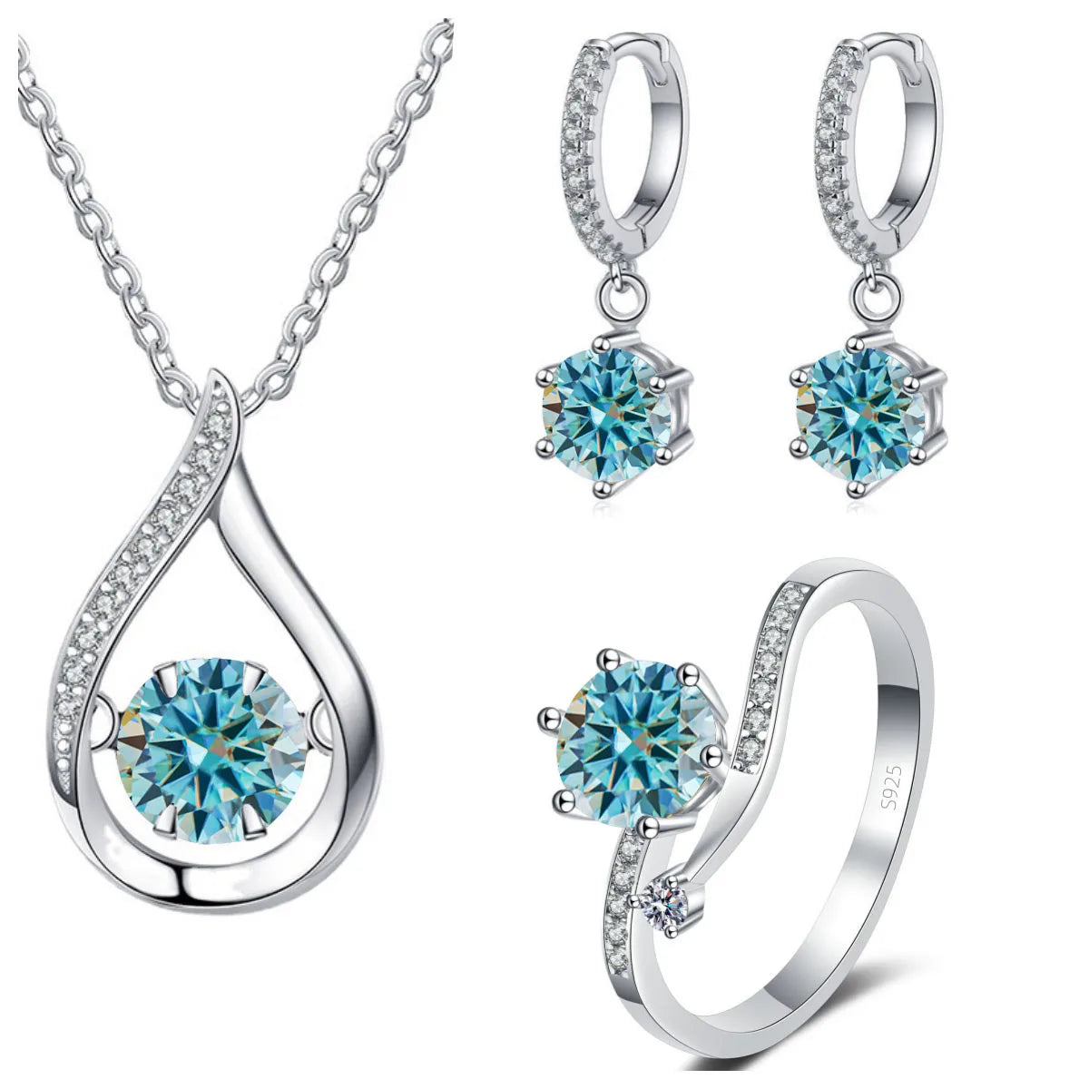 Moissanite Teardrop Necklace, Drop Earrings & Ring Set - Blue set