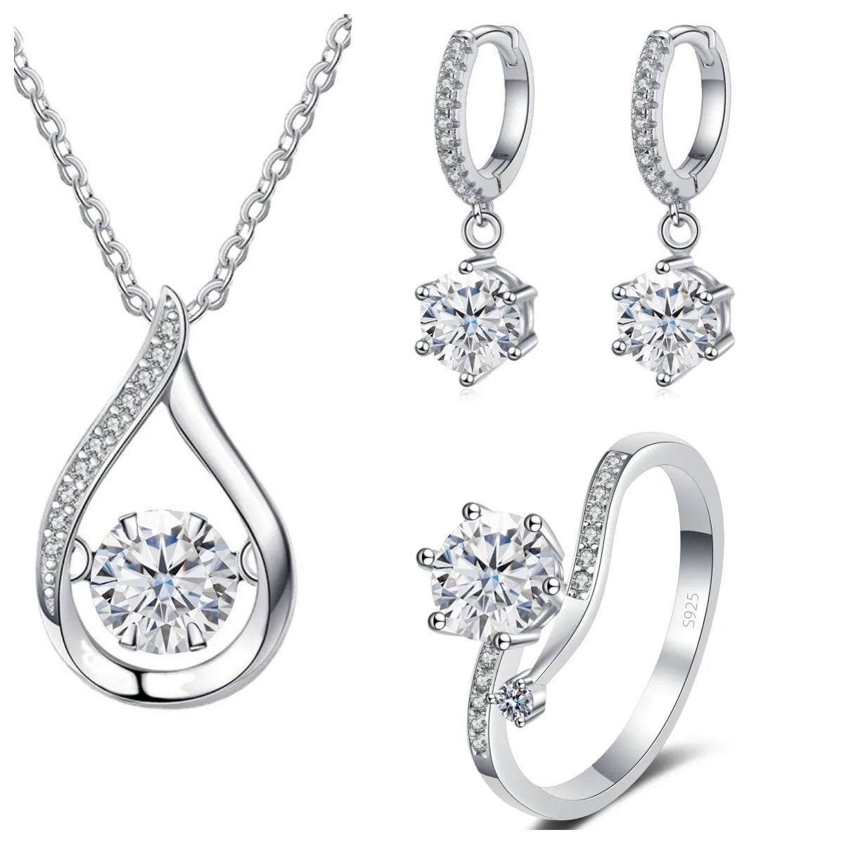 Moissanite Teardrop Necklace, Drop Earrings & Ring Set - White set