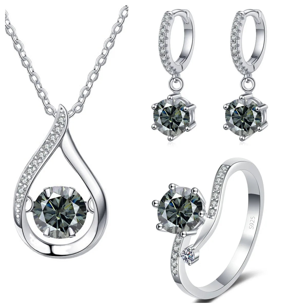 Moissanite Teardrop Necklace, Drop Earrings & Ring Set - Gray set